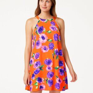 Betsey Johnson SZ 12 VTG Orange Floral Halter Trapeze Swing Dress Lined